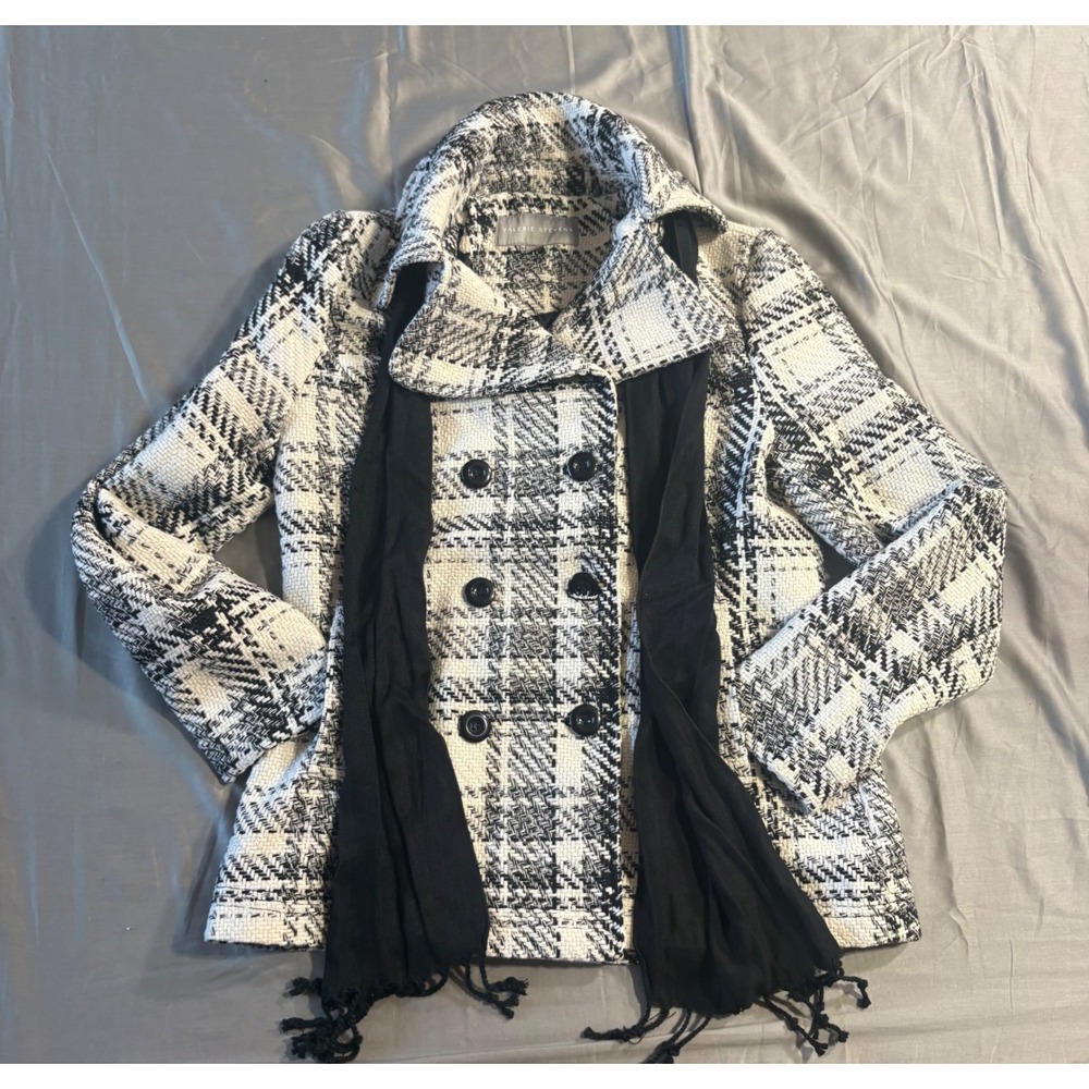 Valerie Stevens Womens Black White Plaid Tweed Wool Blend Pea Coat Jacket Small